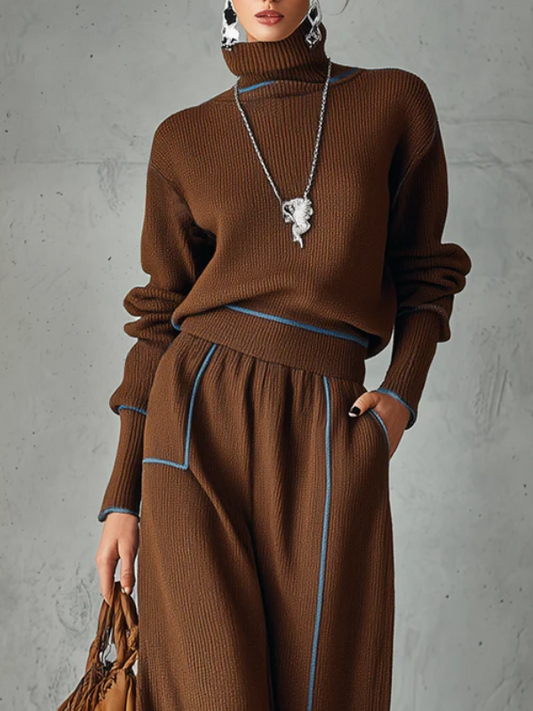 Knitted Turtleneck And Skirt Set With Blue Trim