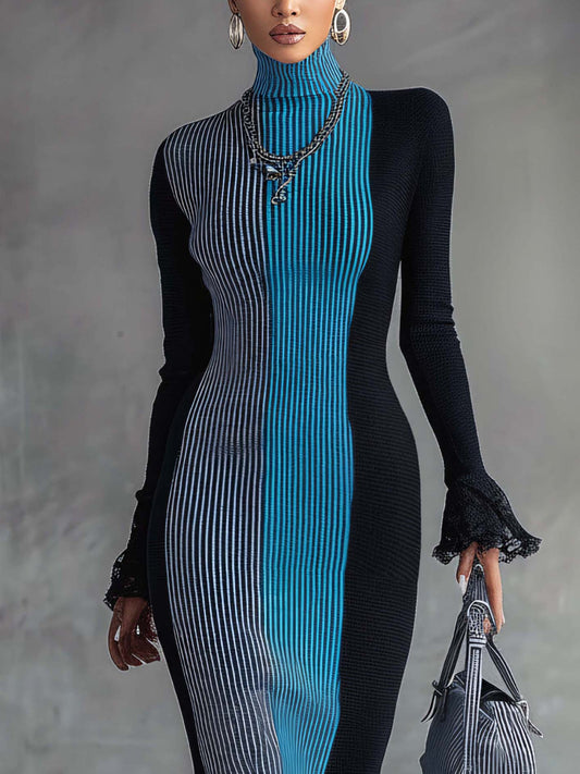 Colorblock Lace Trim Knit Maxi Bodycon Dress