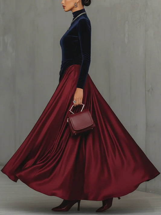Velvet And Burgundy Satin Color Block Long Dress