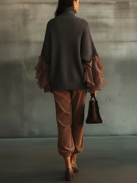 Ruffle Sleeve Turtleneck Sweater And Corduroy Trousers Set