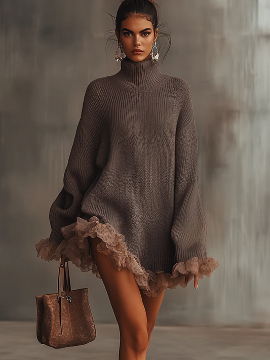 Ruffled Hem Turtleneck Sweater Dress