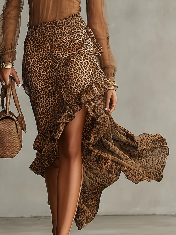 Leopard Print Ruffled Mesh Long Sleeve High-Low Midi Dress
