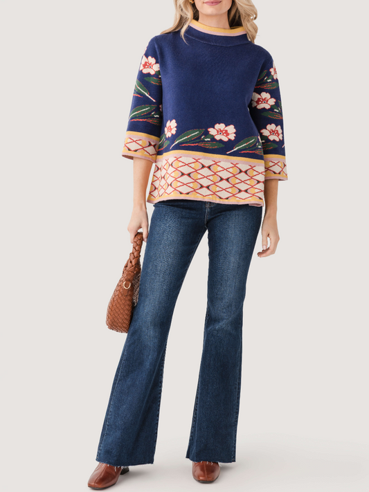 Fate Patterned Jacquard Knit Mock Neck Sweater