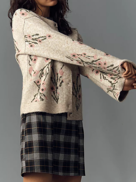 Crew-Neck Floral Cardigan Sweater