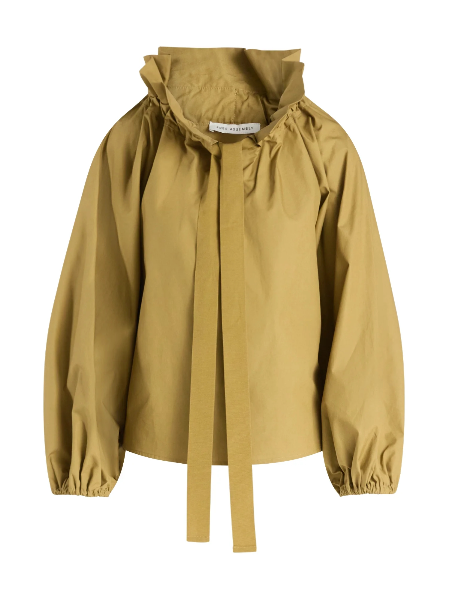 Ruffled Neck Adjustable Bow Balloon Sleeves Blouse