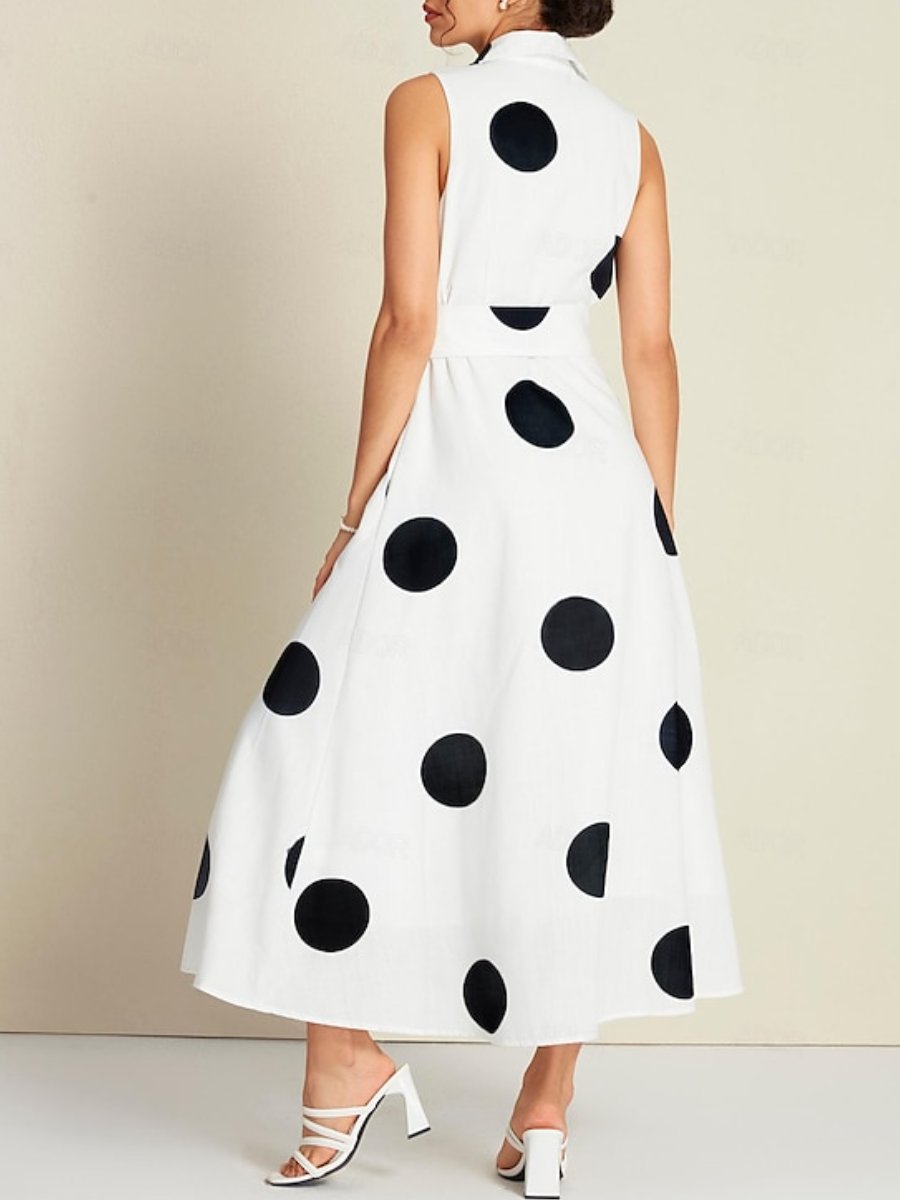 Polka Dot Sleeveless Tie Belt Maxi Dress