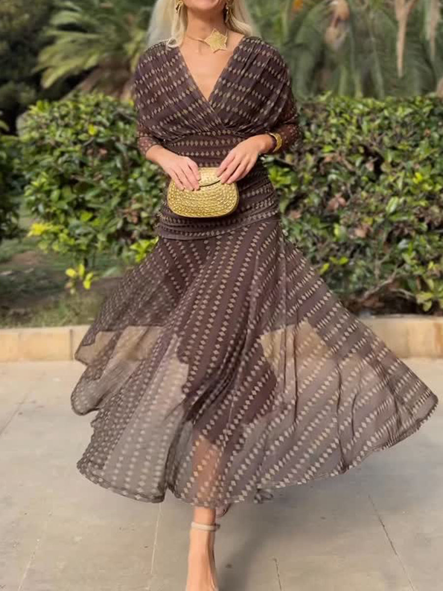 Elegant Printed Deep V Neck See-through Dress