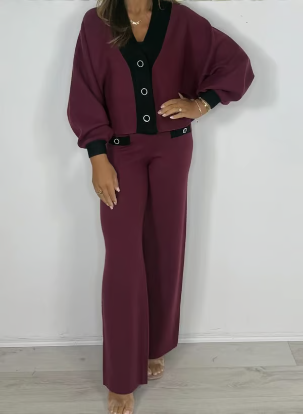 Women's Puff Sleeve V-Neck Top ＆ Pants 2-Piece Set