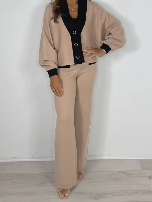 Women's Puff Sleeve V-Neck Top ＆ Pants 2-Piece Set