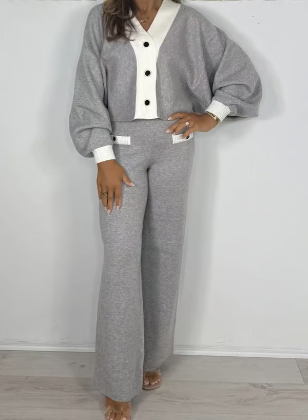 Women's Puff Sleeve V-Neck Top ＆ Pants 2-Piece Set