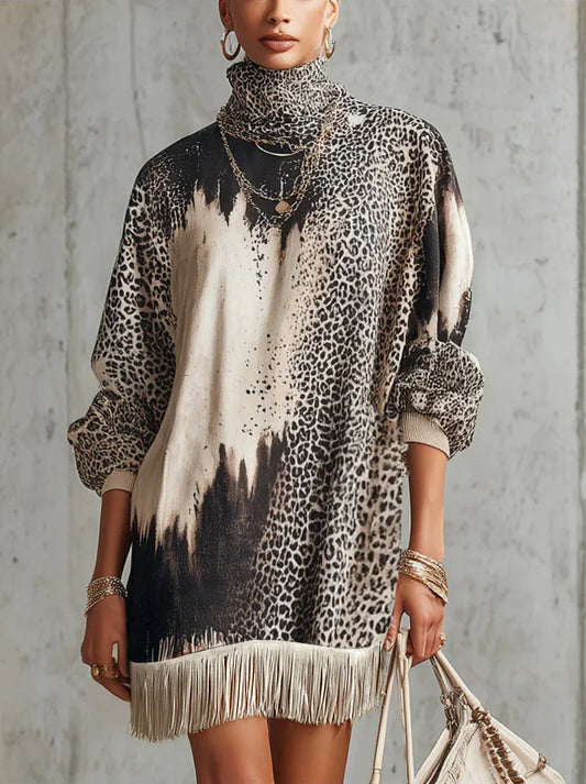 Gray Leopard Print Turtleneck Fringe Hem Faux Suede Dress
