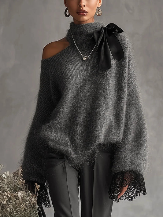 Mohair Knit Sweater With Lace Cuffs