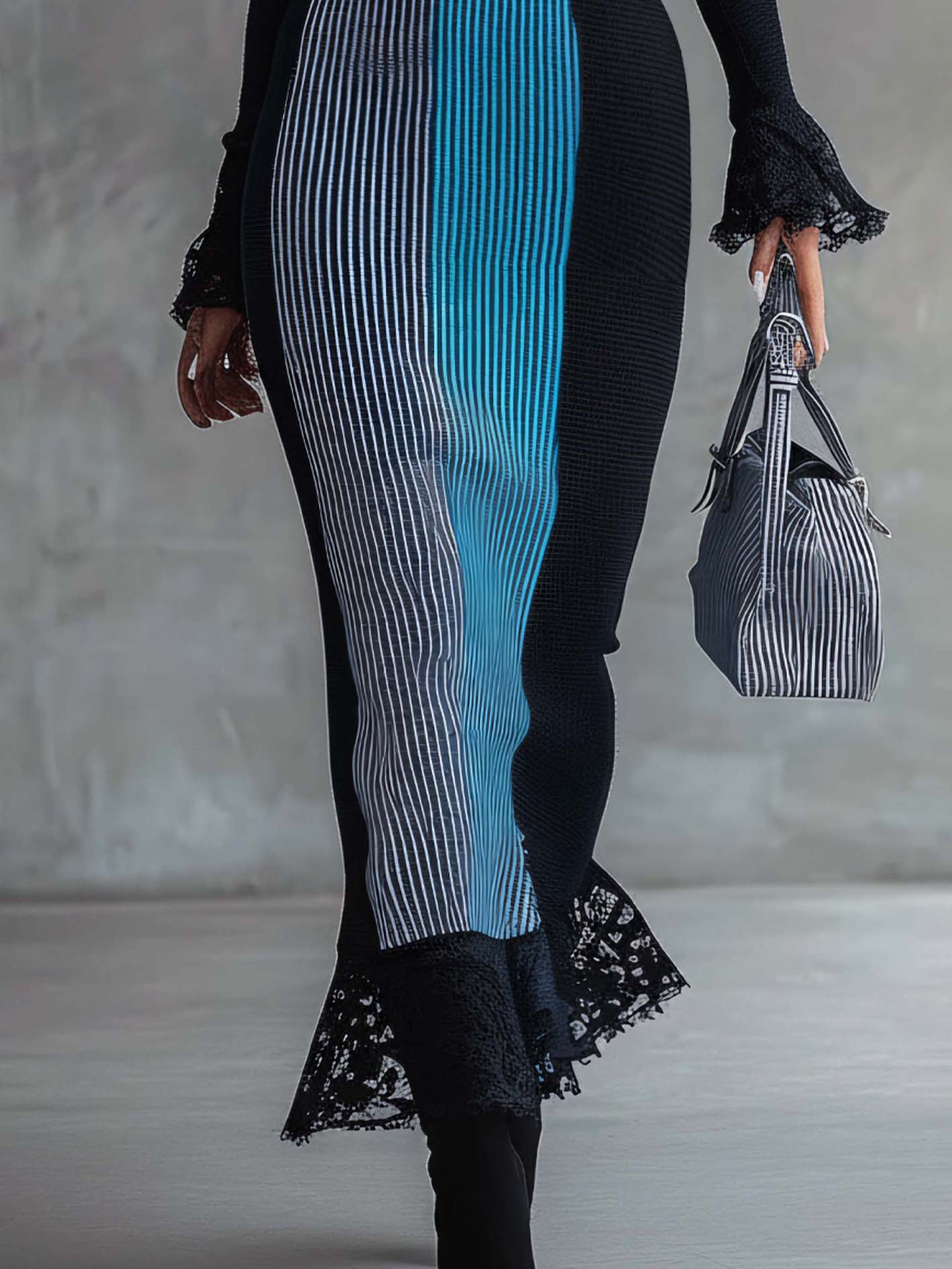 Colorblock Lace Trim Knit Maxi Bodycon Dress