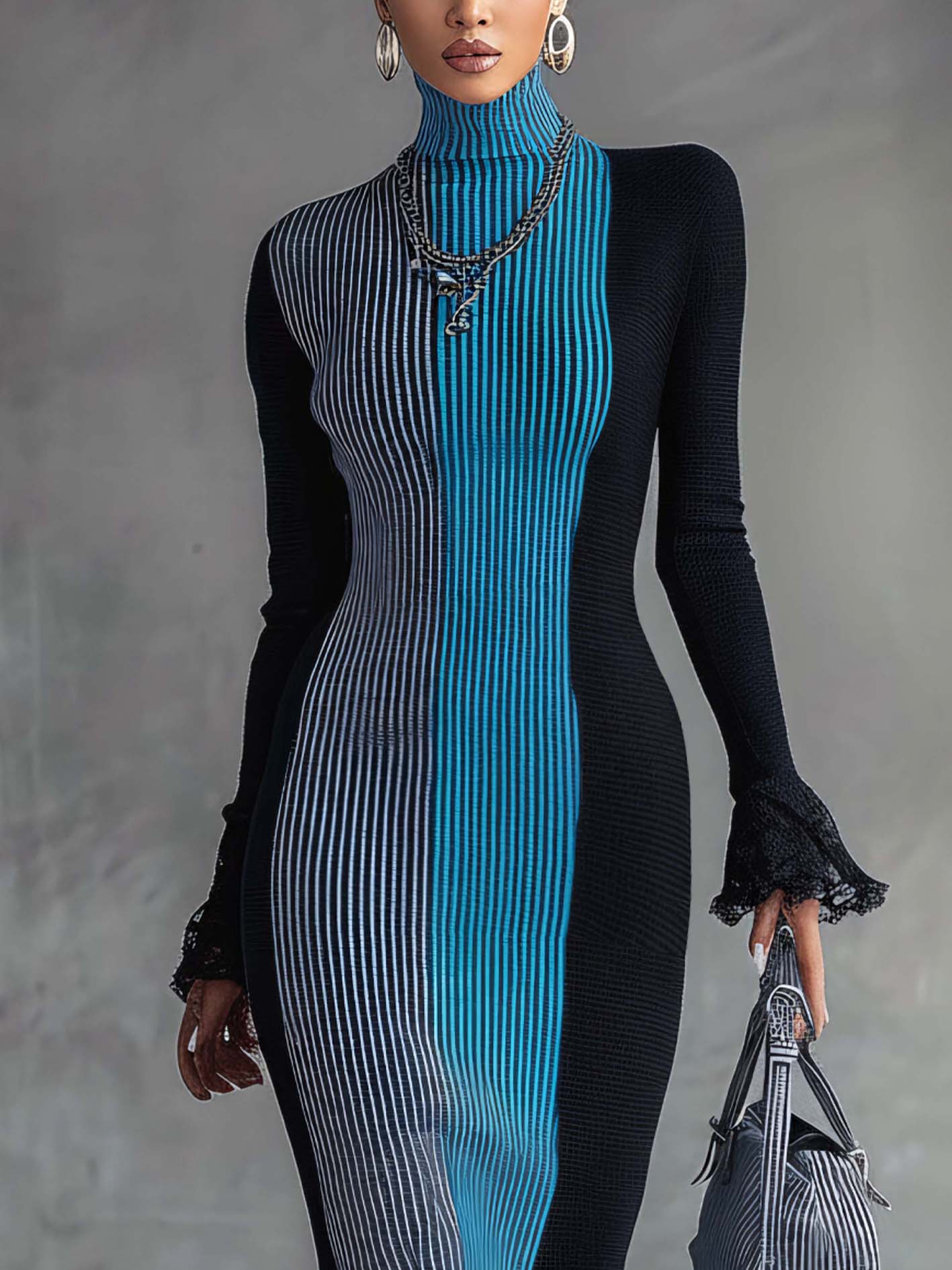 Colorblock Lace Trim Knit Maxi Bodycon Dress