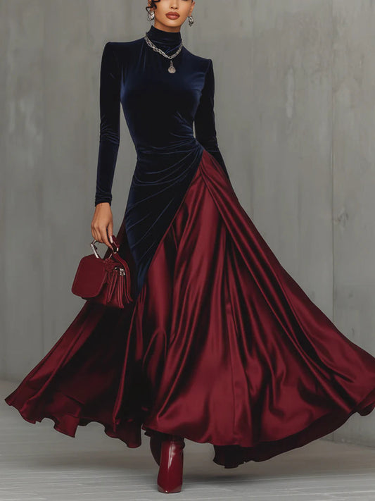 Velvet And Burgundy Satin Color Block Long Dress