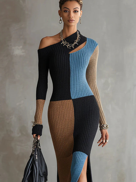Multicolor Knit Off Shoulder Bodycon Dress