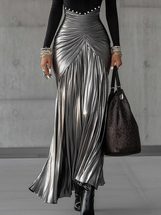 Round Neck Metallic Satin Pleated Maxi Dress
