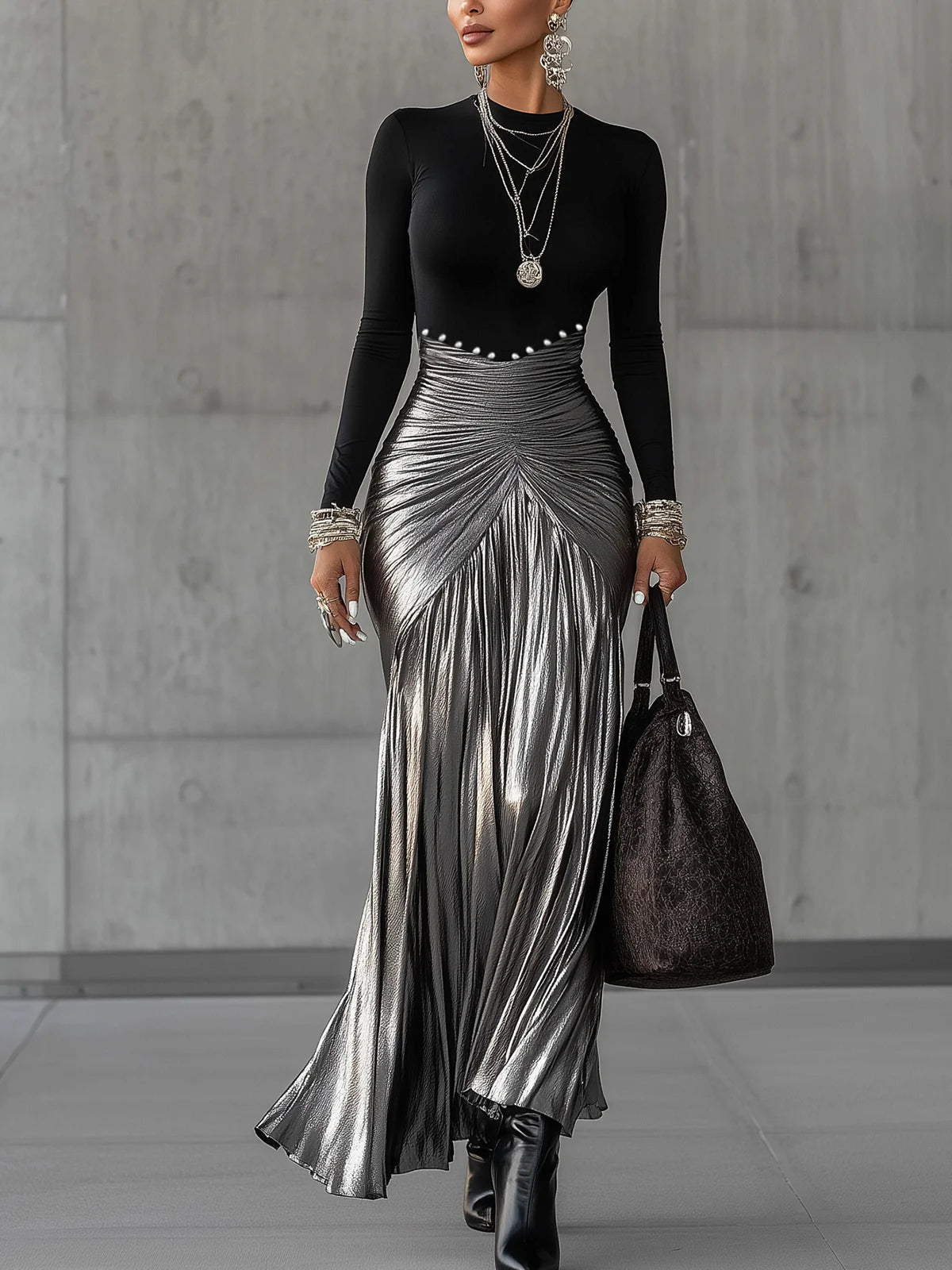 Round Neck Metallic Satin Pleated Maxi Dress