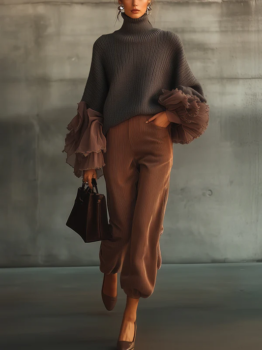 Ruffle Sleeve Turtleneck Sweater And Corduroy Trousers Set