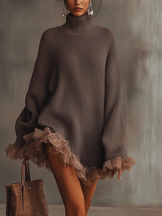 Ruffled Hem Turtleneck Sweater Dress
