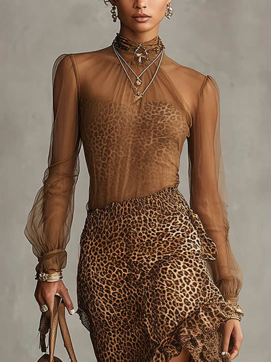 Leopard Print Ruffled Mesh Long Sleeve High-Low Midi Dress