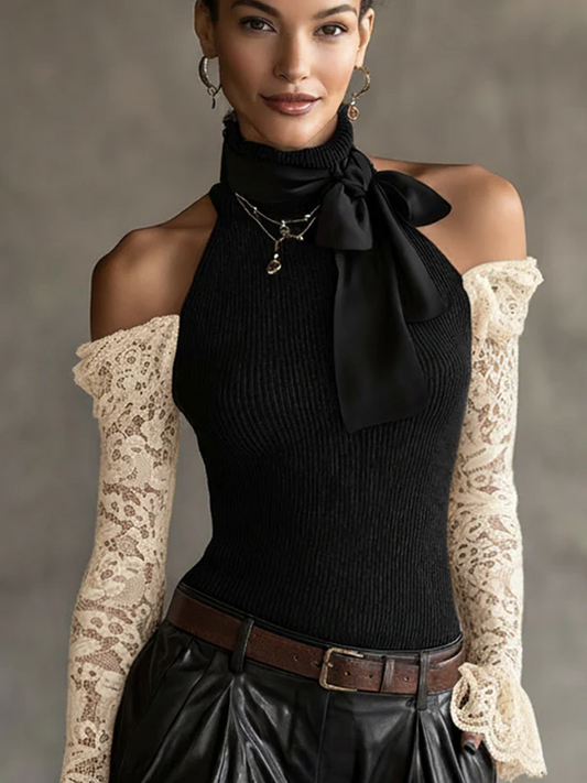 Black Knit Off Shoulder Top With White Lace Sleeves
