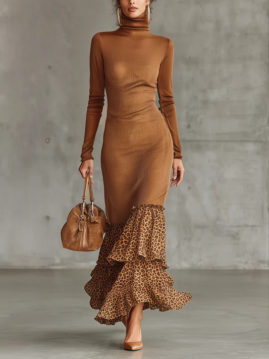 Ribbed Knit And Leopard Ruffle Hem Maxi Dress