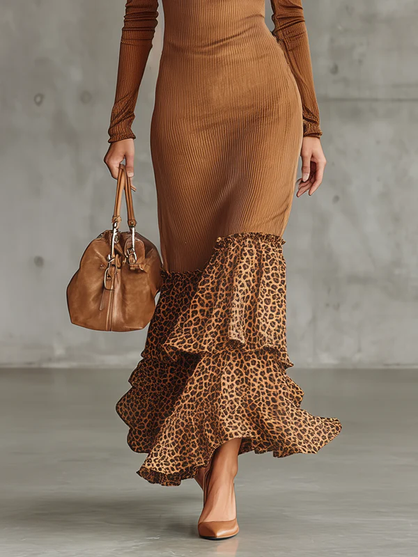 Ribbed Knit And Leopard Ruffle Hem Maxi Dress