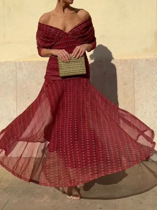 Elegant Printed Deep V Neck See-through Dress