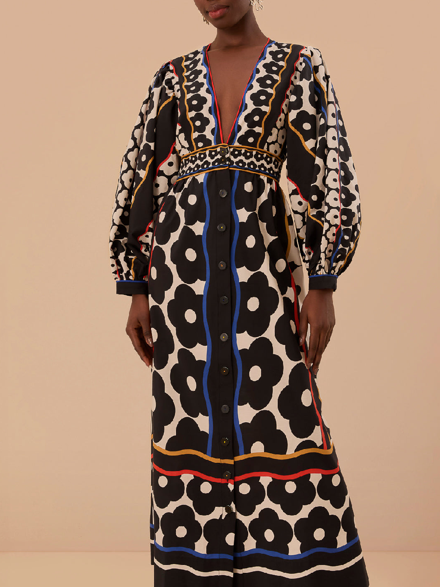 Black Daisy Plunging Neck Dress