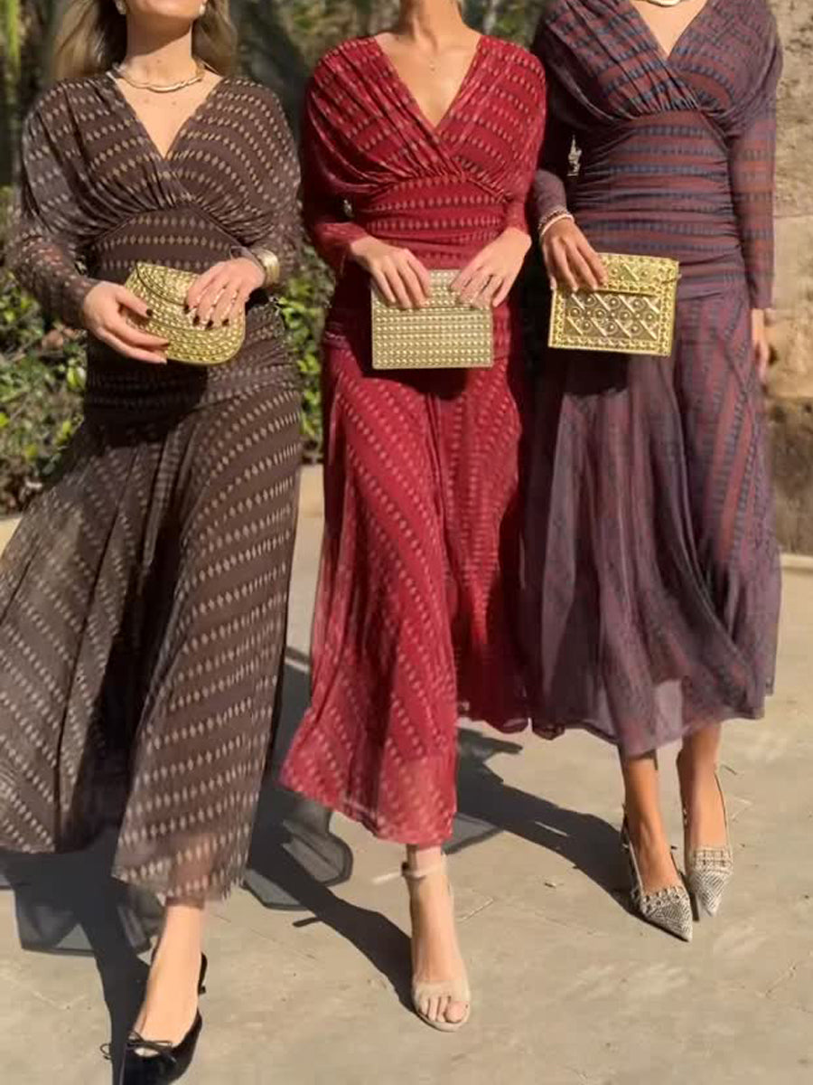 Elegant Printed Deep V Neck See-through Dress