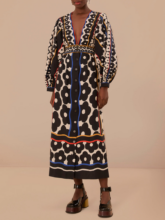 Black Daisy Plunging Neck Dress