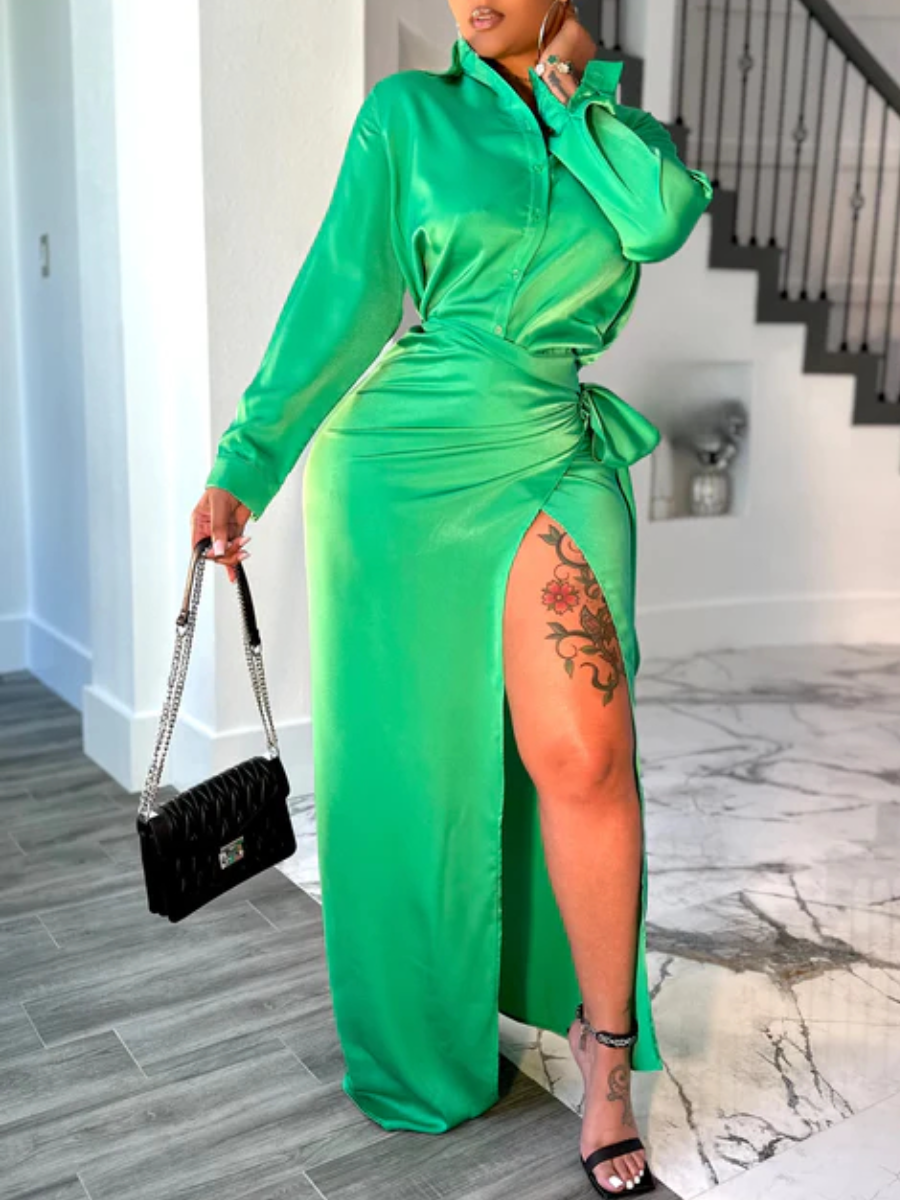 Long Sleeve Slit High-waisted Dress