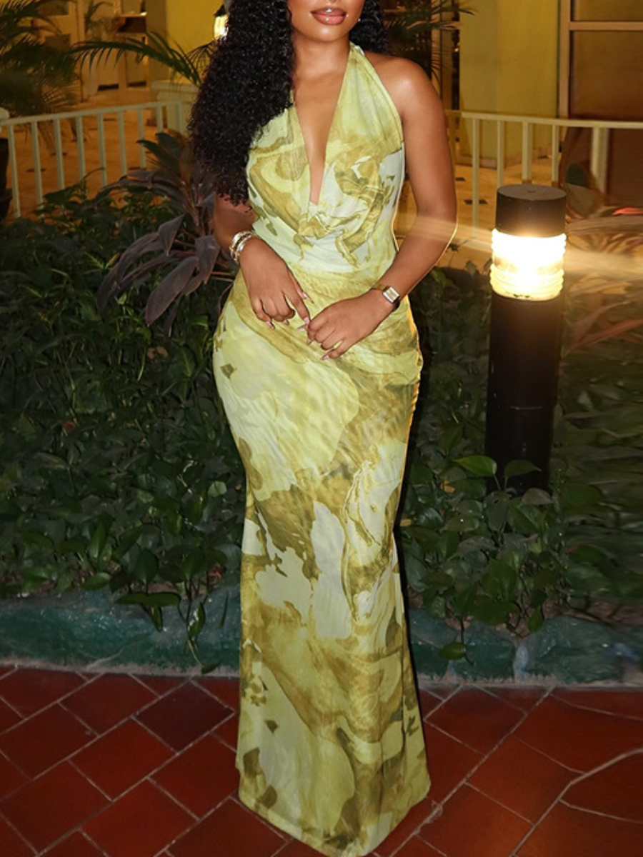 Elegant Backless Deep V-neck Halter Dress