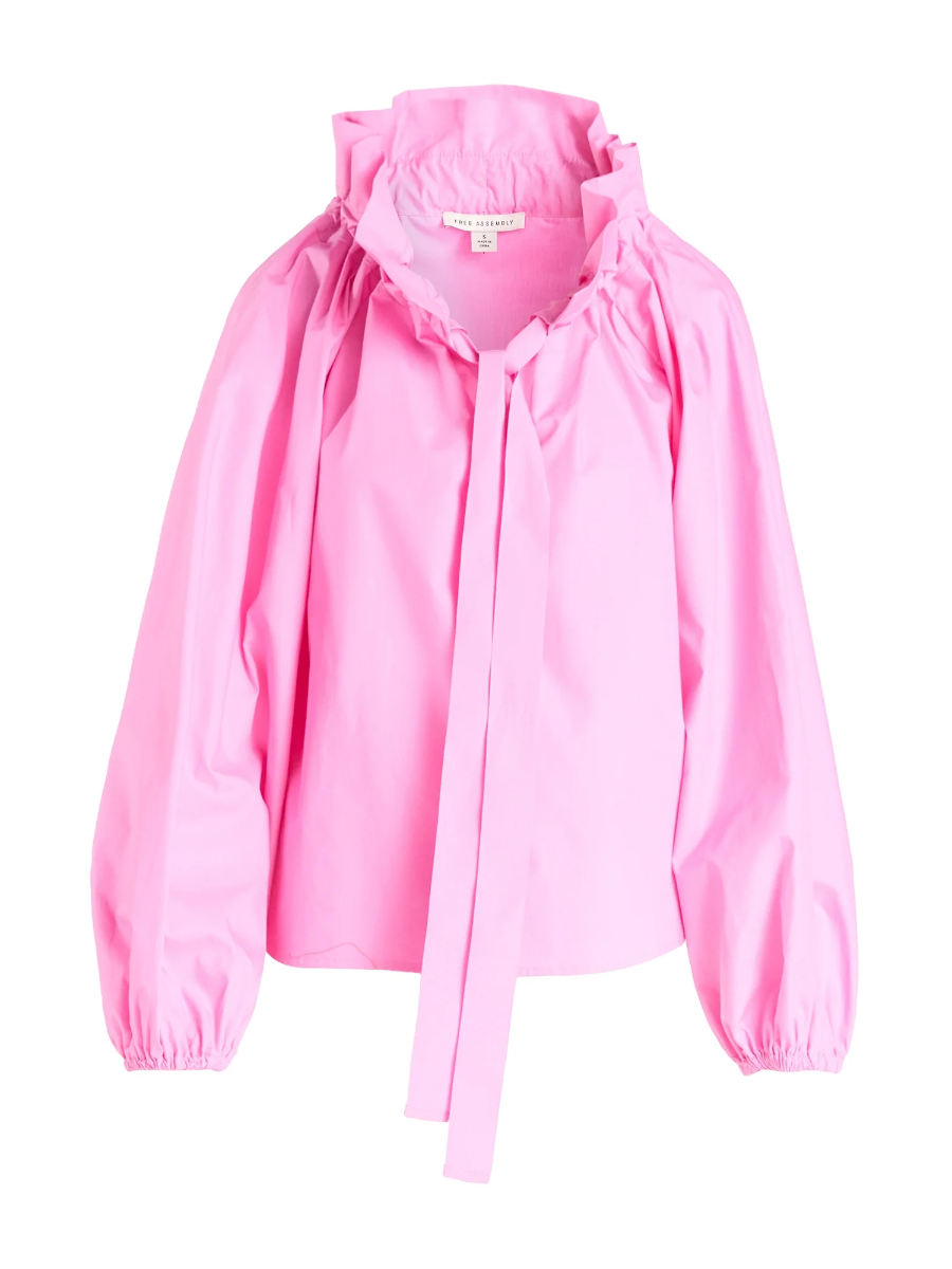 Ruffled Neck Adjustable Bow Balloon Sleeves Blouse