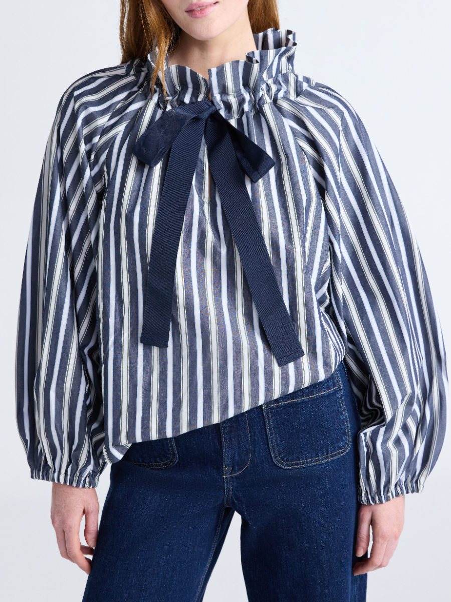 Ruffled Neck Adjustable Bow Balloon Sleeves Blouse