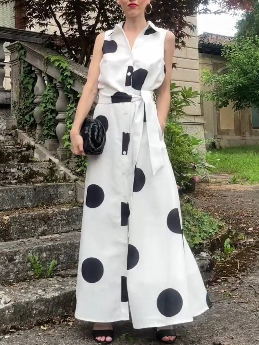 Polka Dot Sleeveless Tie Belt Maxi Dress