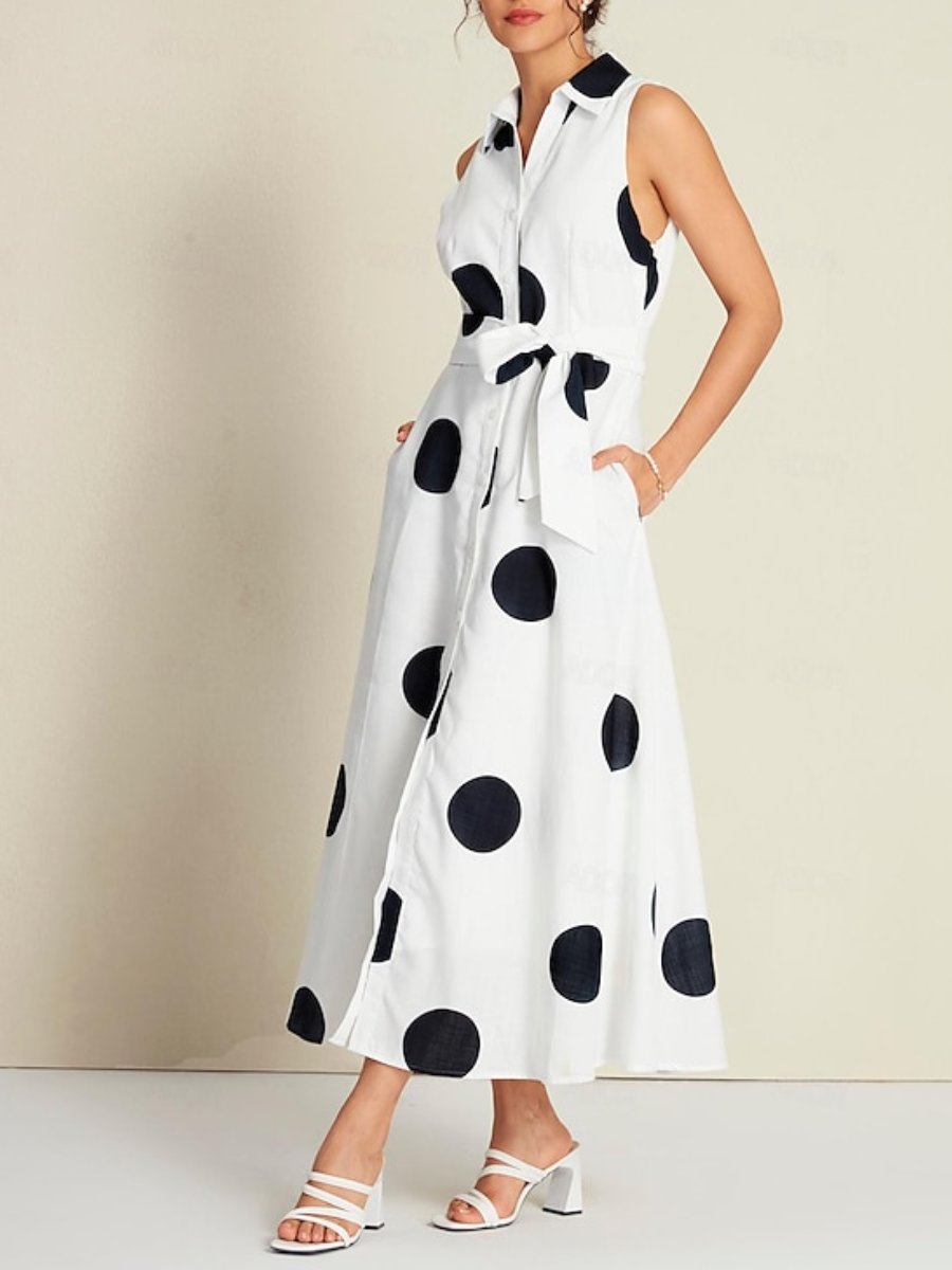Polka Dot Sleeveless Tie Belt Maxi Dress